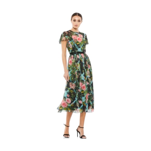 Mac Duggal Dresses & Skirts - Mac Duggal 9149 Floral Print Chiffon Midi Dress Black Multi Size 8